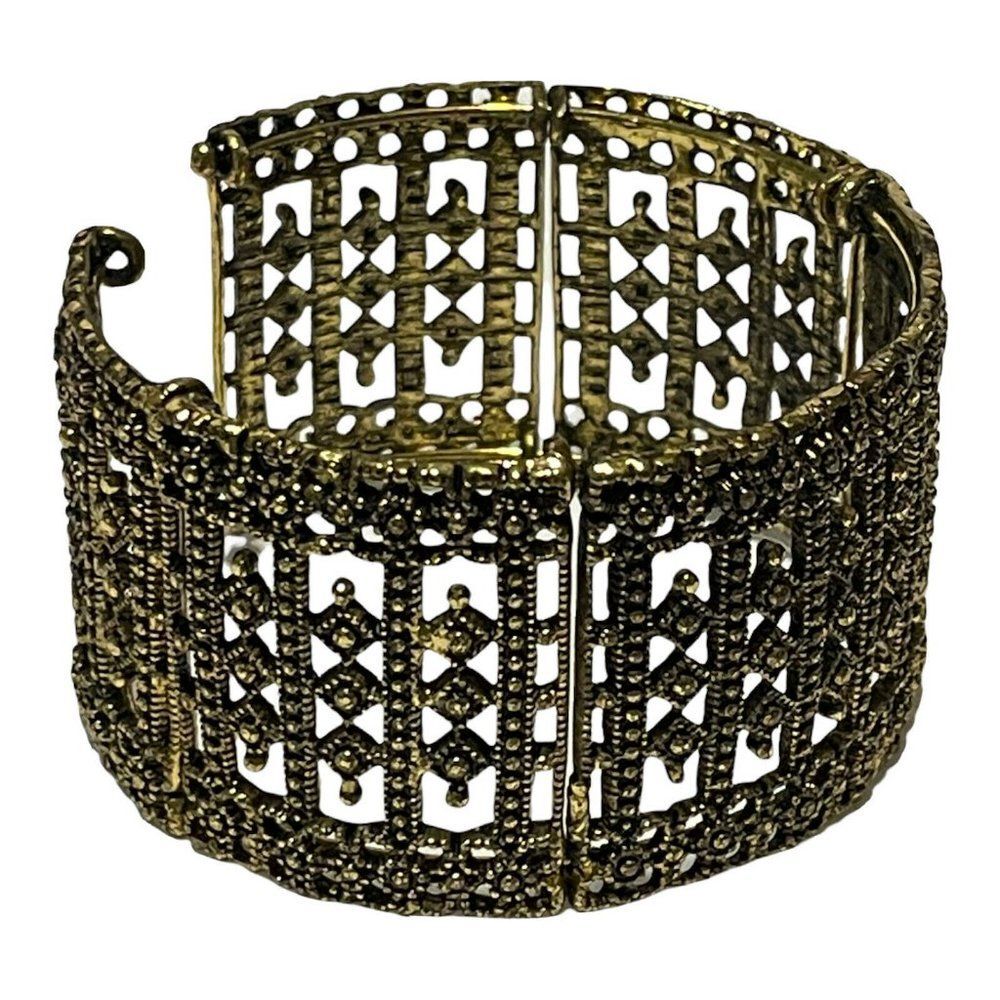 Gold / Bronze tone open work cuff bracelet deco filigree Panel Geometric